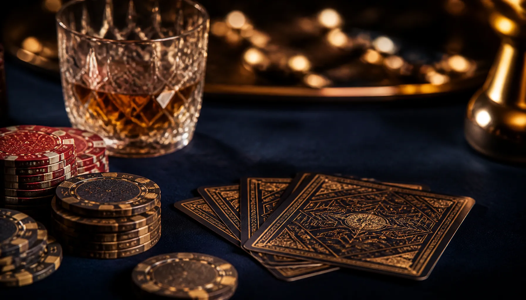 Close-up of ornate golden coins and precious gemstones on a dark velvet surface with warm cinematic lighting