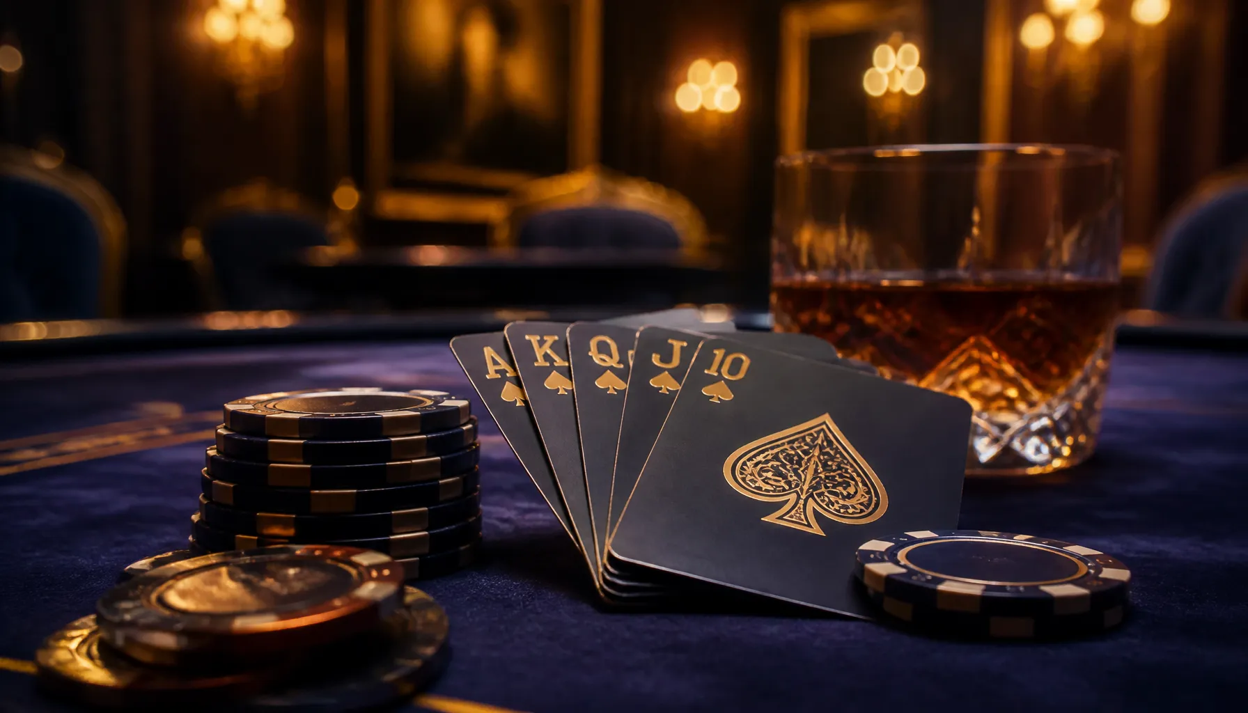 Close-up of ornate golden coins and precious gemstones on a dark velvet surface with warm cinematic lighting